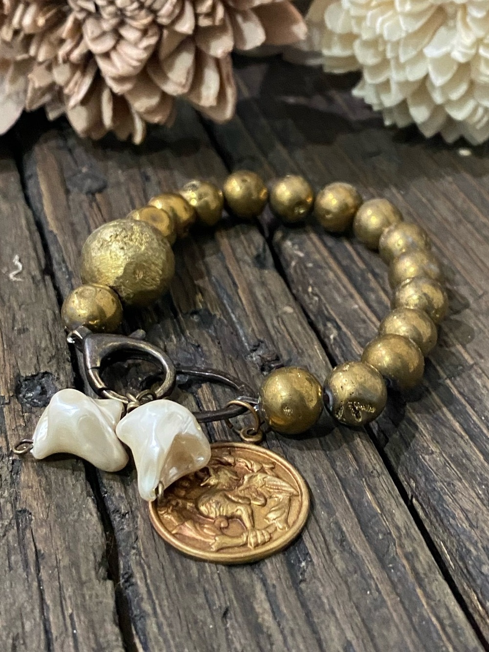 Druzy Agate & Baroque Pearl Antique Brass Bracelet with Dragon Charm